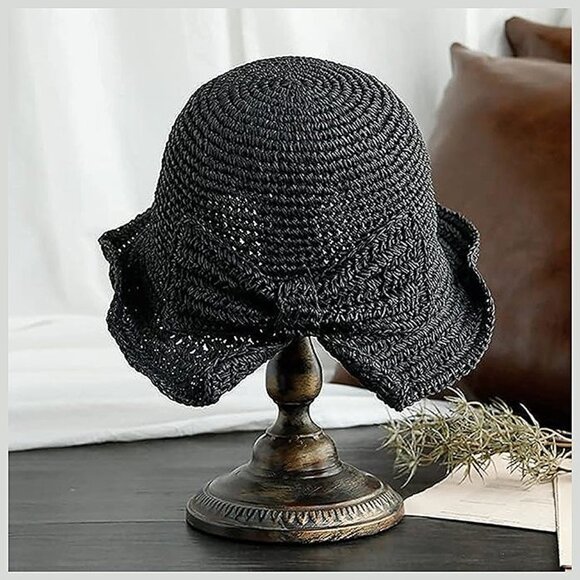 Wide Brim Floppy Straw Beach Sun Hat 2 Pack Khaki & Black - Picture 7 of 9